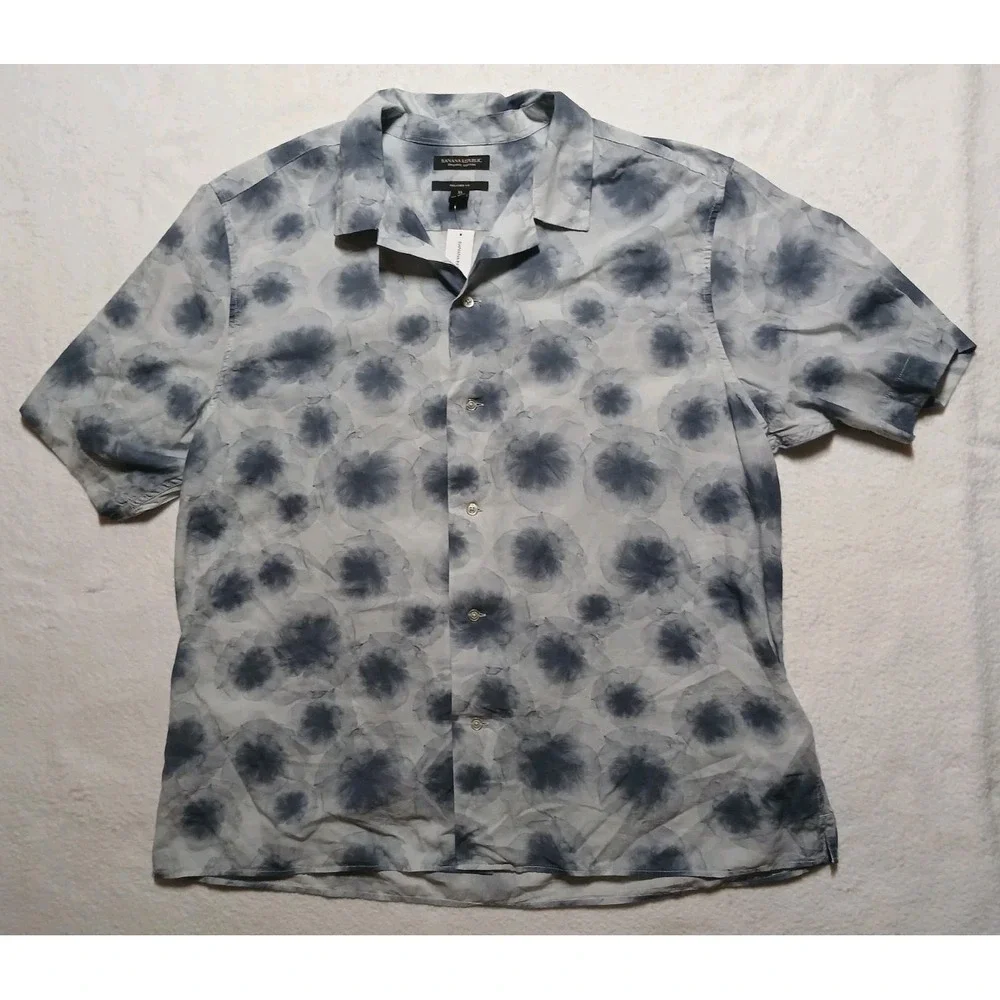 Banana Republic Men XL Organic Cotton Resort Shirt Camp Tie Dye Blue Gray 834894
